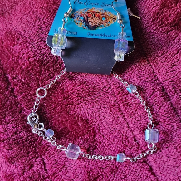Handcrafted Silver and Iridescent Earrings And Bracelet Set - Picture 2 of 2